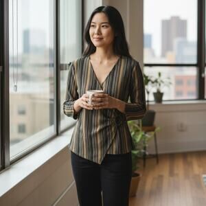 Vintage Y2K 2000s NOBO Beige Gray Black V-Neck Striped Knit Wrap Top Large